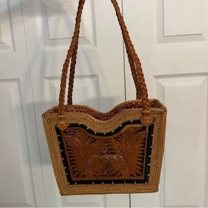 Vintage handmade Leather and Wood Tote Bag Purse